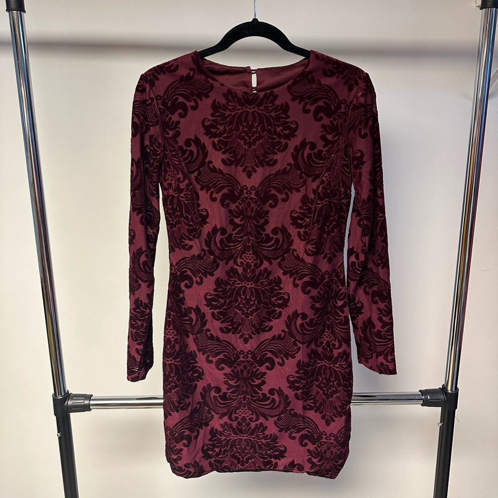 B Darlin Maroon Floral Long Sleeve Dress